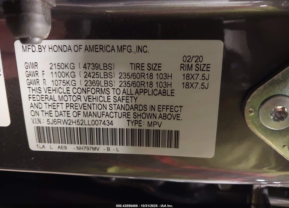 2020 HONDA CR-V VIN: 5J6RW2H52LL007434