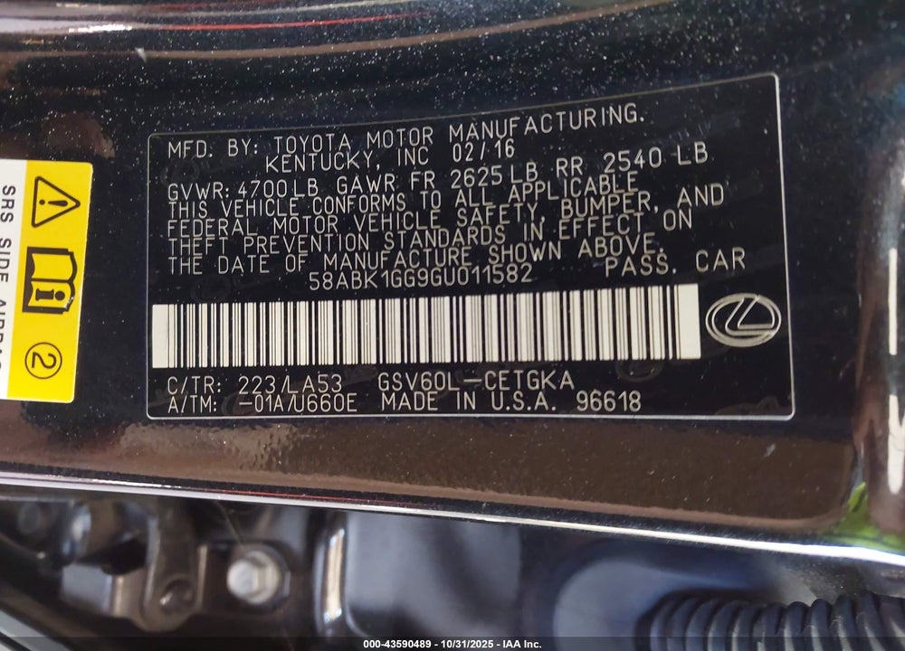 2016 LEXUS ES 350 VIN: 58ABK1GG9GU011582