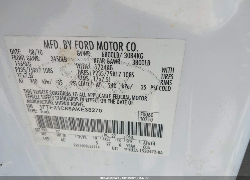 2010 FORD F-150 FX2 SPORT/STX/XL/XLT VIN: 1FTEX1C85AKE38270