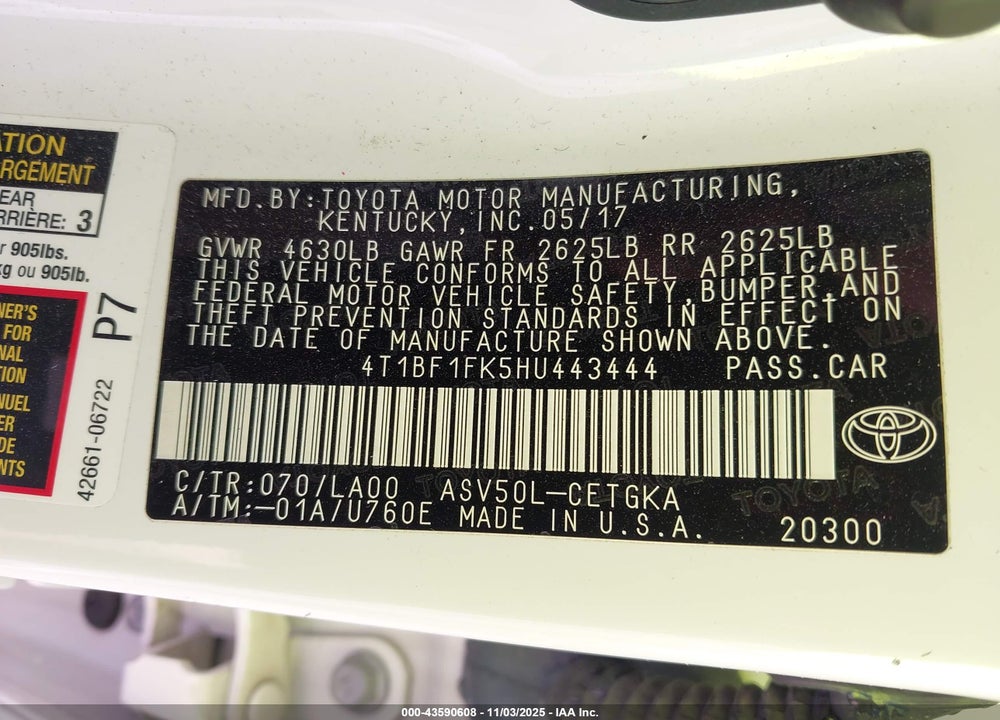 2017 TOYOTA CAMRY XLE VIN: 4T1BF1FK5HU443444