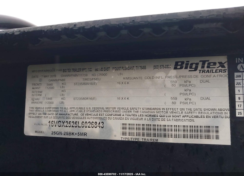 2020 BIG TEX TRAILER CO INC --- VIN: 16VGX2525L6026843