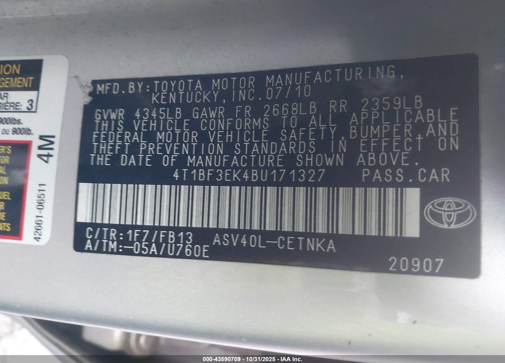 2011 TOYOTA CAMRY VIN: 4T1BF3EK4BU171327