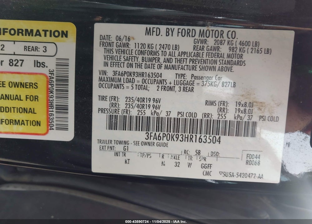 2017 FORD FUSION TITANIUM VIN: 3FA6P0K93HR163504