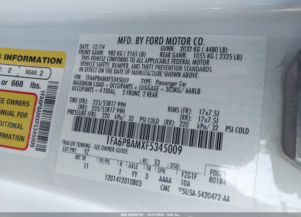 2015 FORD MUSTANG V6 VIN: 1FA6P8AMXF5345009