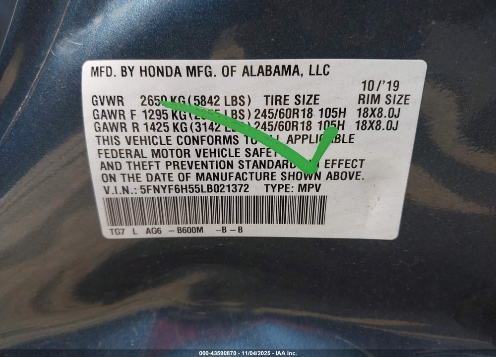 2020 HONDA PILOT VIN: 5FNYF6H55LB021372