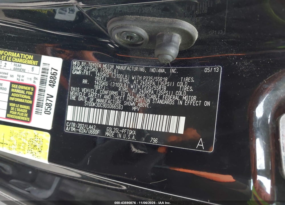 2013 TOYOTA SIENNA LIMITED 7 PASSENGER VIN: 5TDDK3DC9DS066583