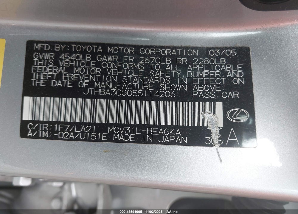 2005 LEXUS ES 330 VIN: JTHBA30G055114206