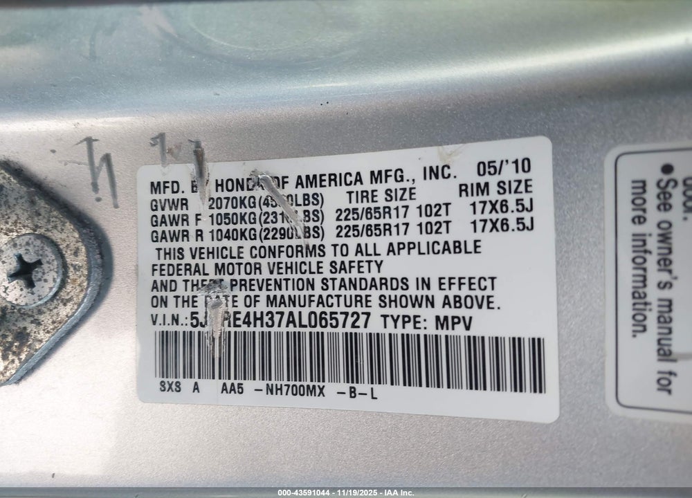 2010 HONDA CR-V VIN: 5J6RE4H37AL065727