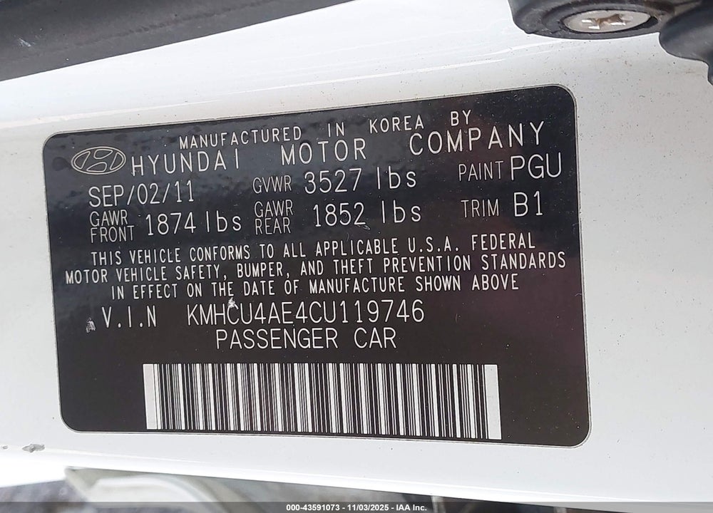 2012 HYUNDAI ACCENT GLS VIN: KMHCU4AE4CU119746