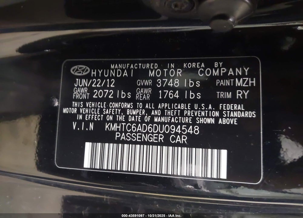 2013 HYUNDAI VELOSTER VIN: KMHTC6AD6DU094548