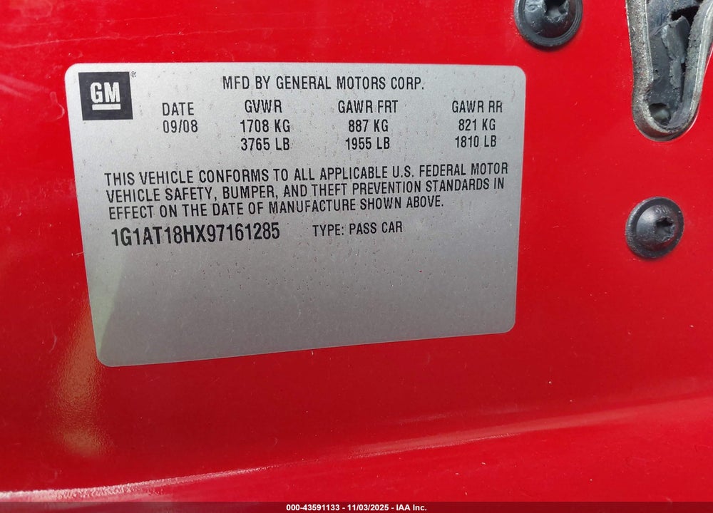 2009 CHEVROLET COBALT LT VIN: 1G1AT18HX97161285