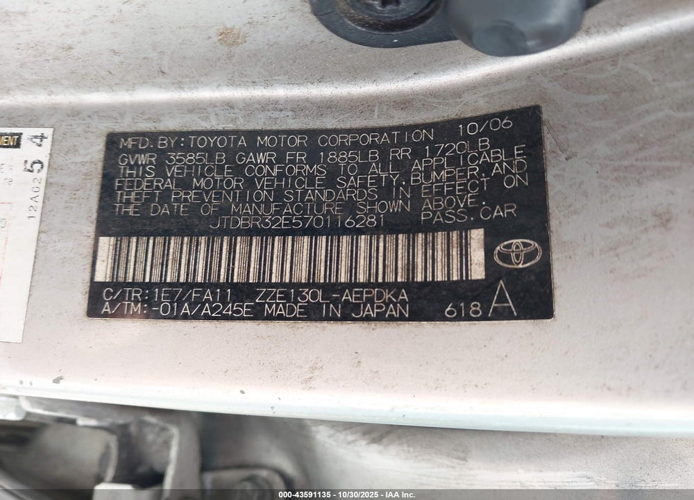 2007 TOYOTA COROLLA CE VIN: JTDBR32E570116281