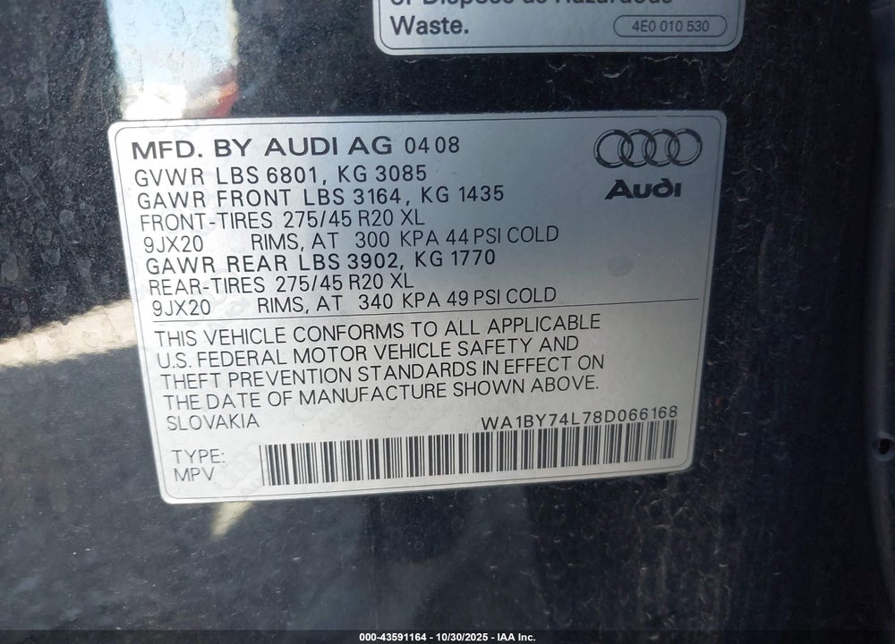 2008 AUDI Q7 VIN: WA1BY74L78D066168