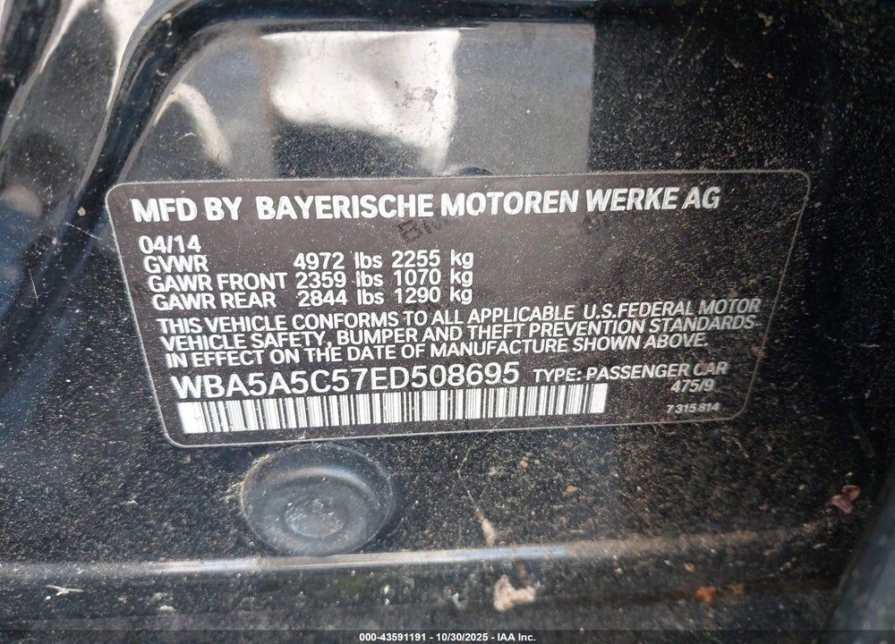 2014 BMW 5 SERIES VIN: WBA5A5C57ED508695