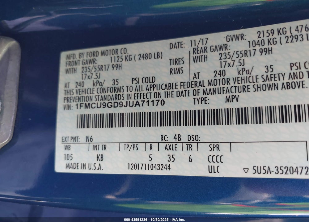 2018 FORD ESCAPE VIN: 1FMCU9GD9JUA71170