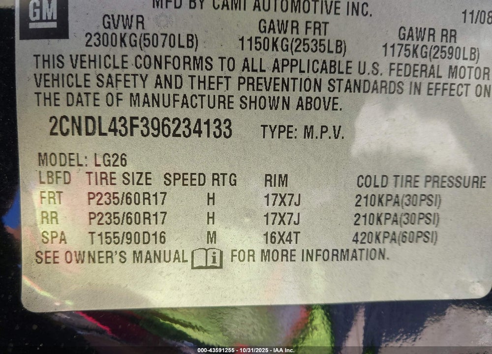 2009 CHEVROLET EQUINOX VIN: 2CNDL43F396234133