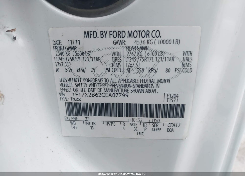 2012 FORD F-250 VIN: 1FT7X2B62CEA87799
