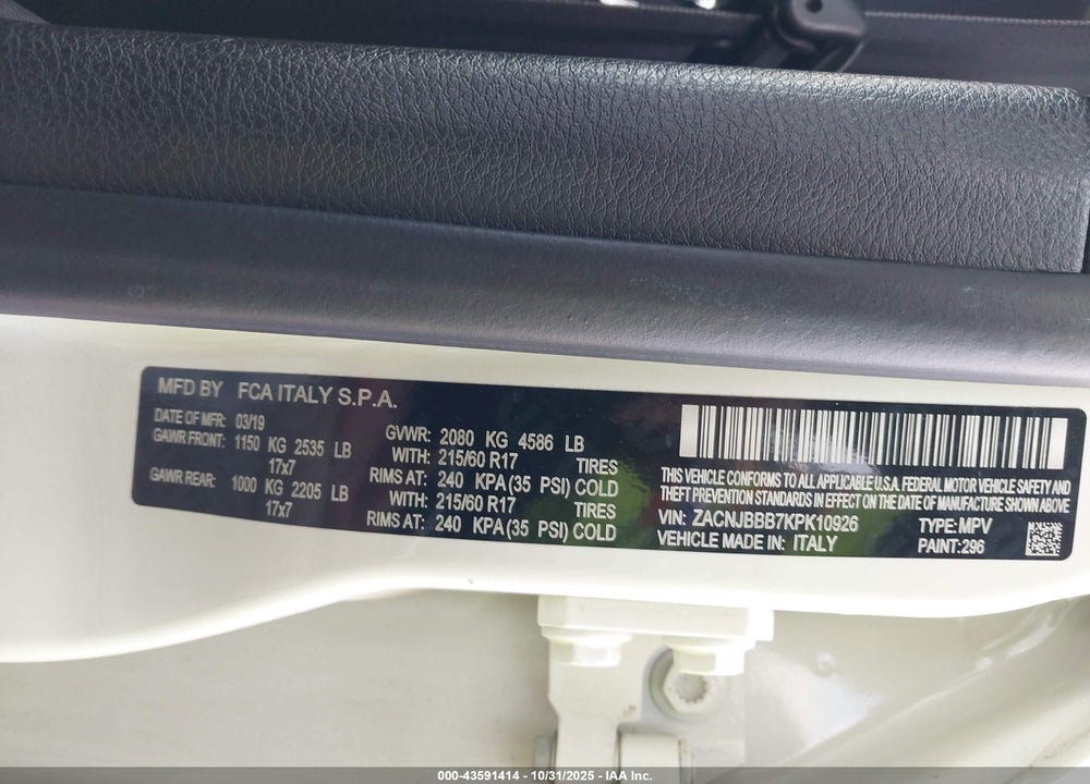 2019 JEEP RENEGADE LATITUDE 4X4 VIN: ZACNJBBB7KPK10926