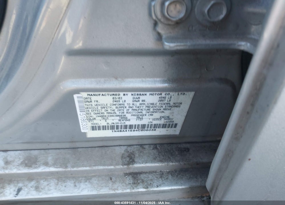 2004 NISSAN MAXIMA 3.5 SL VIN: 1N4BA41E84C806038