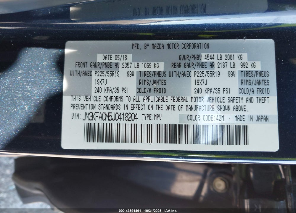 2018 MAZDA CX-5 TOURING VIN: JM3KFACM5J0418204