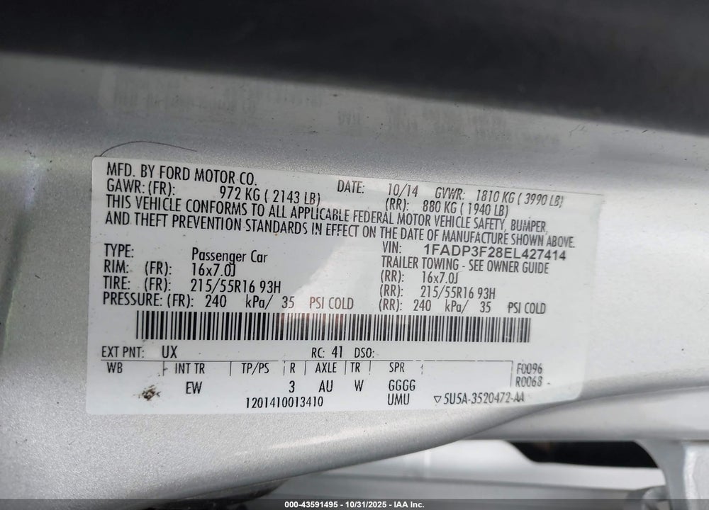 2014 FORD FOCUS SE VIN: 1FADP3F28EL427414