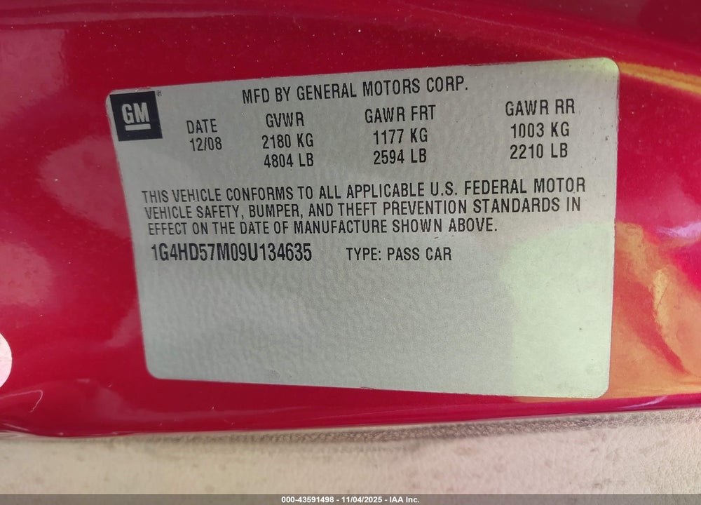 2009 BUICK LUCERNE VIN: 1G4HD57M09U134635