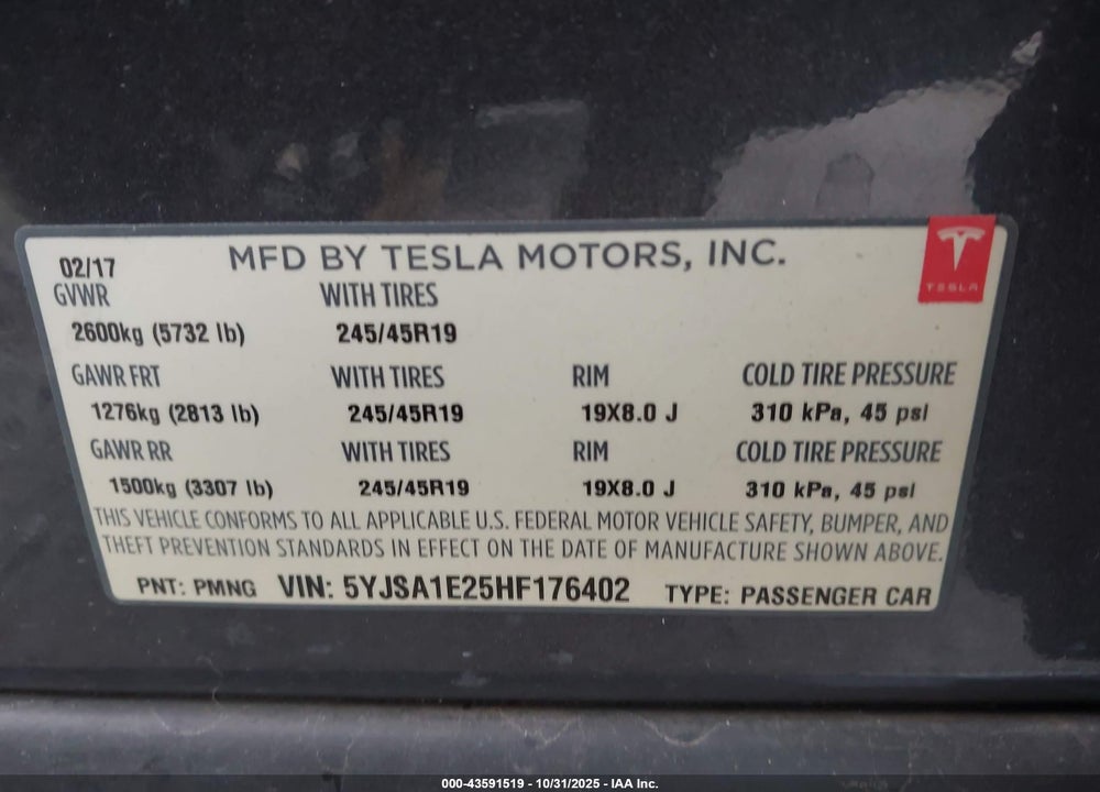 2017 TESLA MODEL S 100D/60D/75D/90D/P100D VIN: 5YJSA1E25HF176402