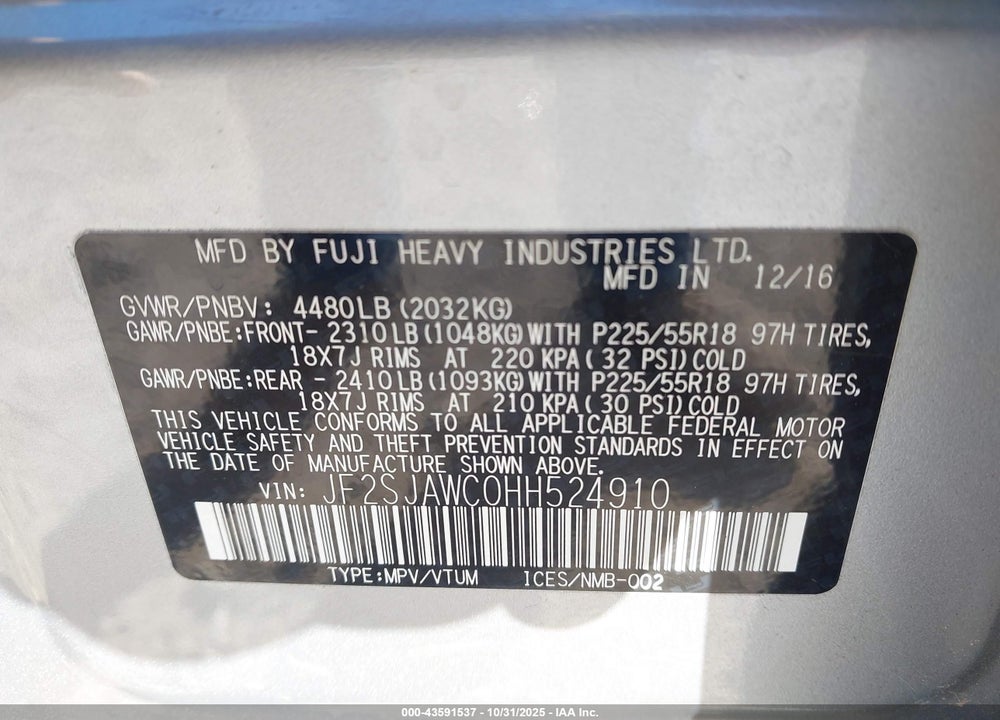 2017 SUBARU FORESTER 2.5I TOURING VIN: JF2SJAWC0HH524910