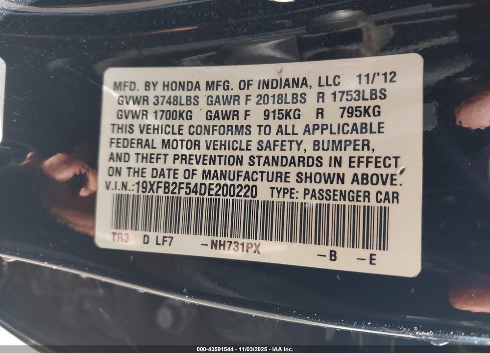 2013 HONDA CIVIC LX VIN: 19XFB2F54DE200220