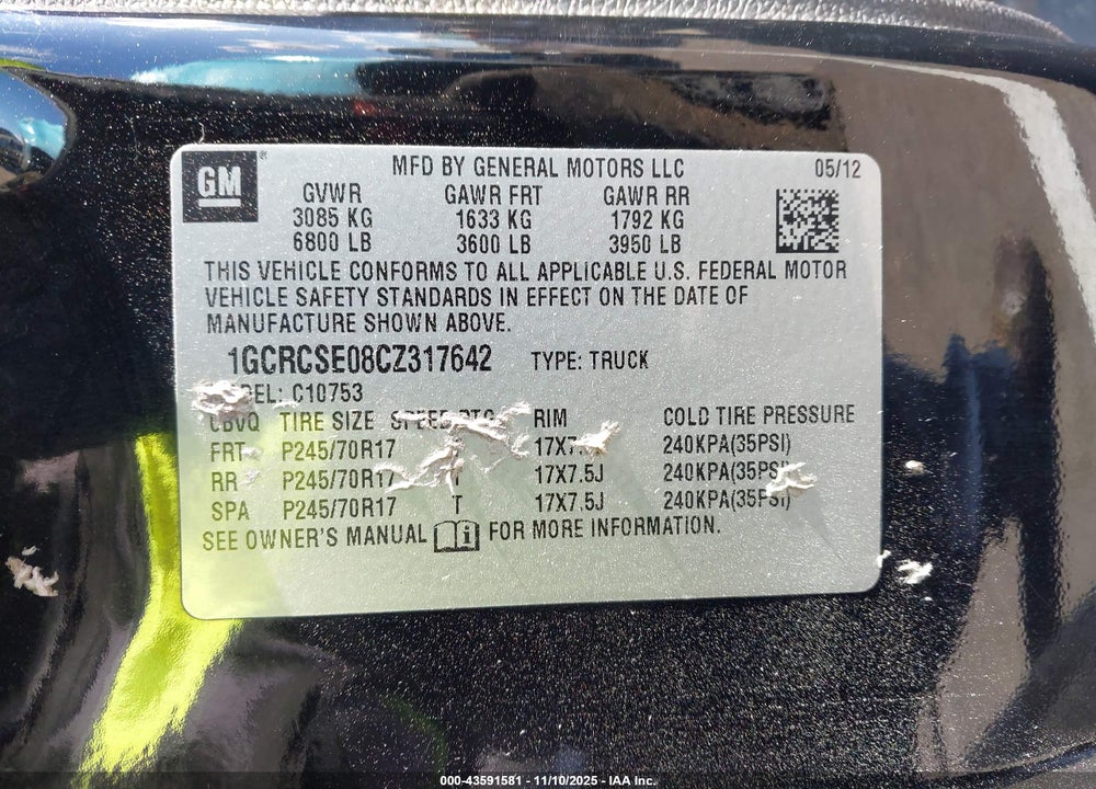 2012 CHEVROLET SILVERADO 1500 VIN: 1GCRCSE08CZ317642