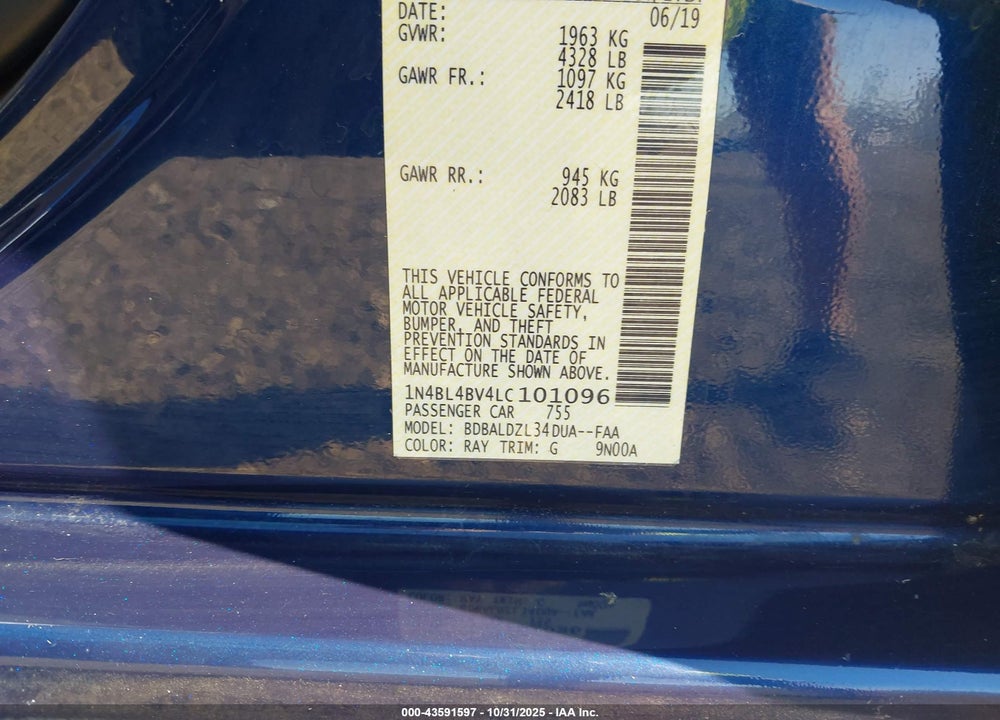 2020 NISSAN ALTIMA S FWD VIN: 1N4BL4BV4LC101096