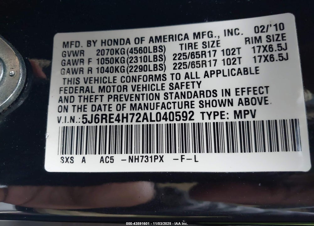 2010 HONDA CR-V VIN: 5J6RE4H72AL040592