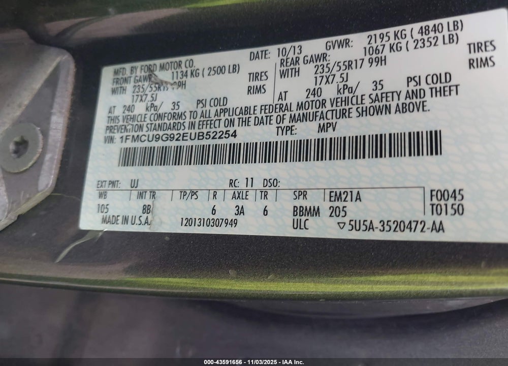 2014 FORD ESCAPE VIN: 1FMCU9G92EUB52254