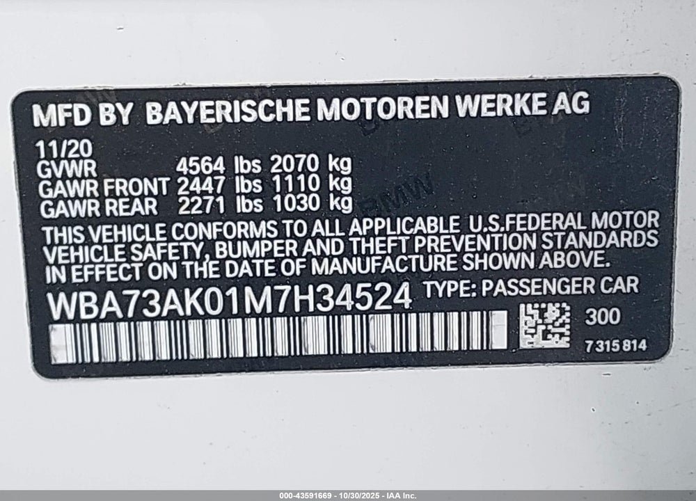 2021 BMW 228I GRAN COUPE XDRIVE VIN: WBA73AK01M7H34524