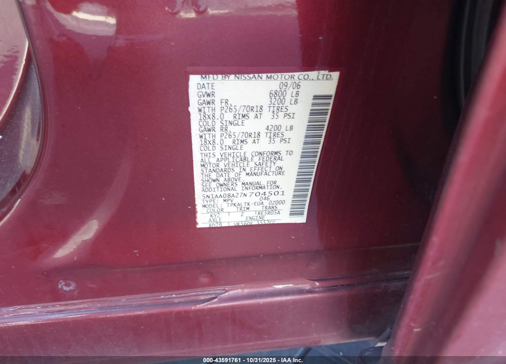 2007 NISSAN ARMADA SE VIN: 5N1AA08A27N704501