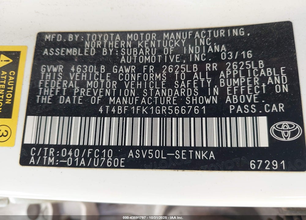 2016 TOYOTA CAMRY LE VIN: 4T4BF1FK1GR566761