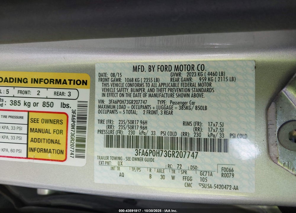 2016 FORD FUSION SE VIN: 3FA6P0H73GR207747