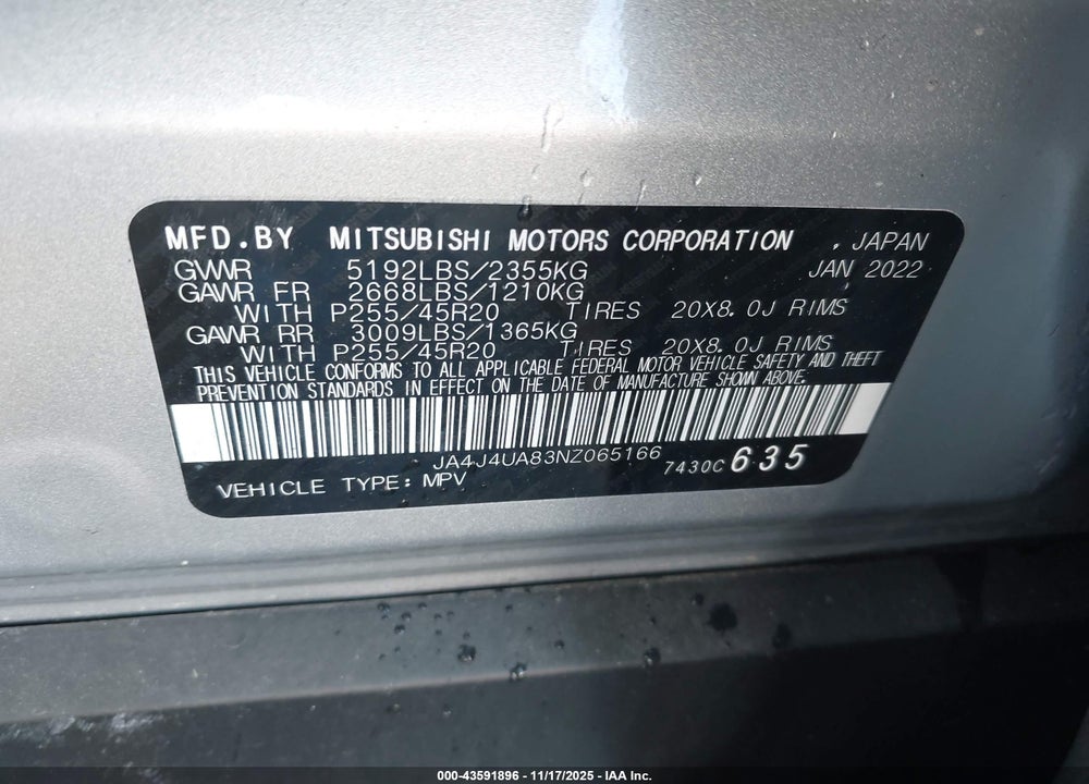 2022 MITSUBISHI OUTLANDER BLACK EDITION S-AWC/SE 2.5 S-AWC/SE LAUNCH EDITION S-AWC VIN: JA4J4UA83NZ065166