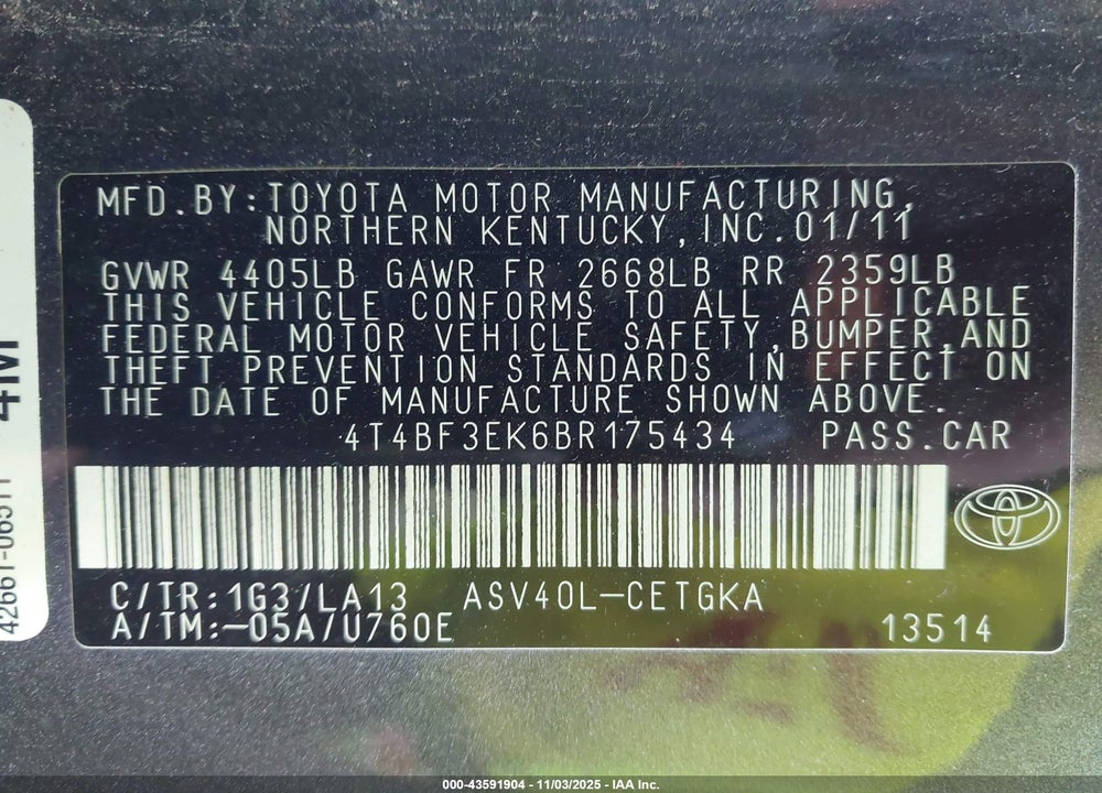 2011 TOYOTA CAMRY XLE VIN: 4T4BF3EK6BR175434