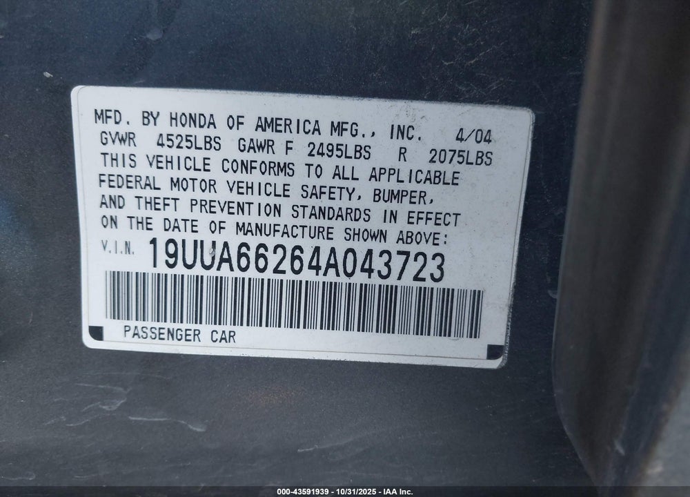 2004 ACURA TL VIN: 19UUA66264A043723