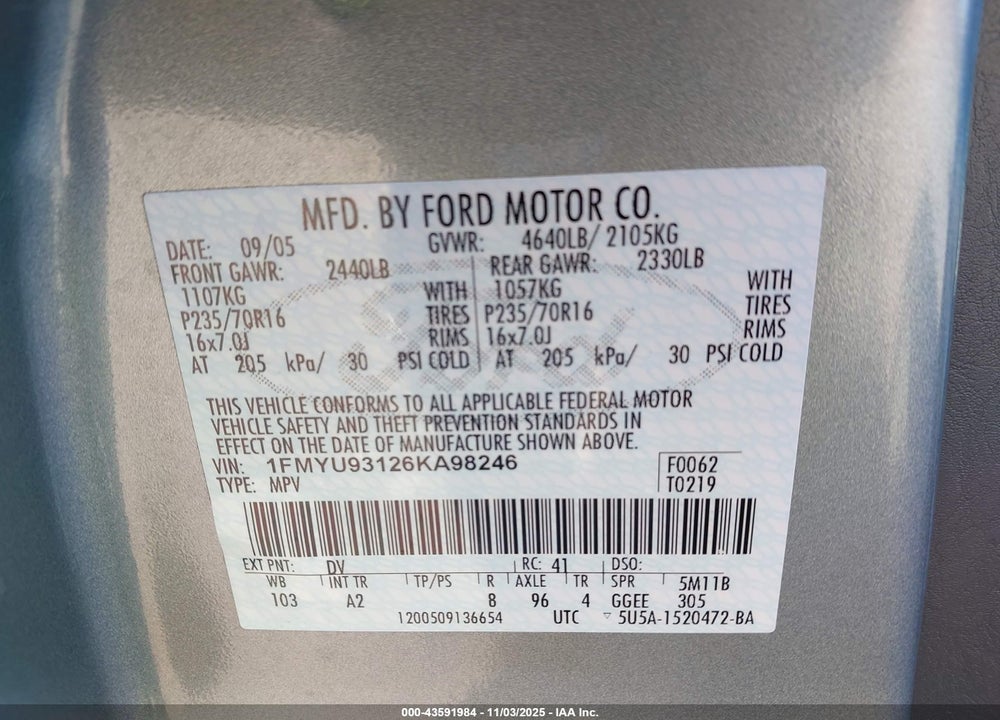 2006 FORD ESCAPE XLT/XLT SPORT VIN: 1FMYU93126KA98246