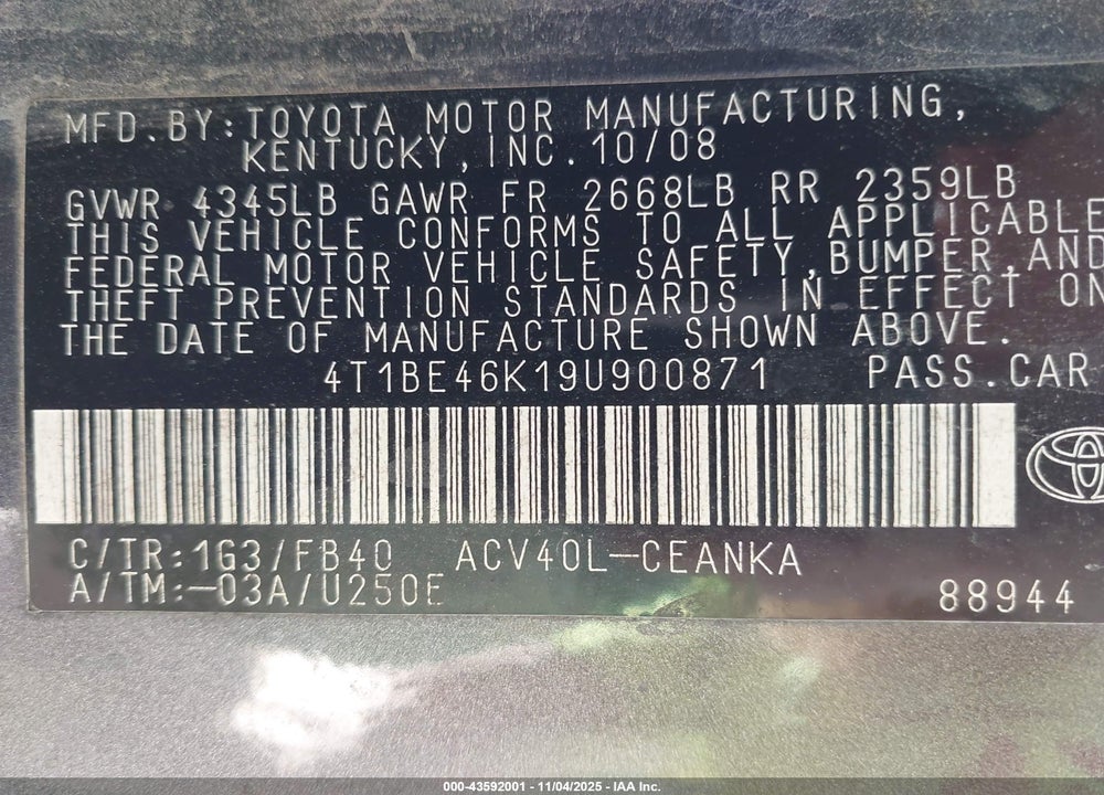 2009 TOYOTA CAMRY VIN: 4T1BE46K19U900871