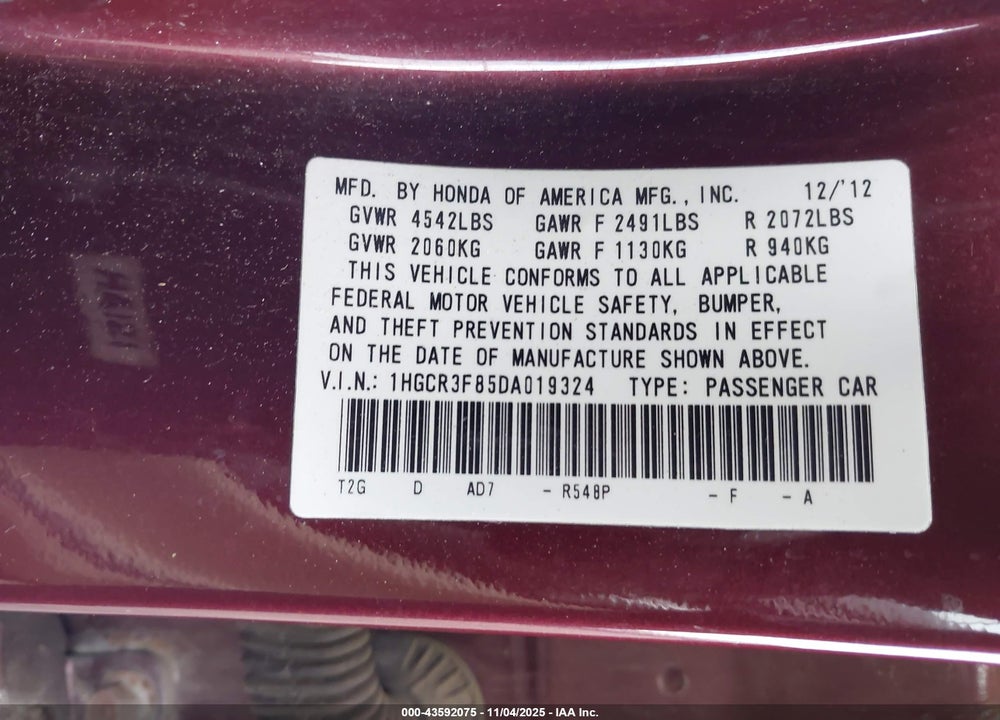 2013 HONDA ACCORD EX-L V-6 VIN: 1HGCR3F85DA019324
