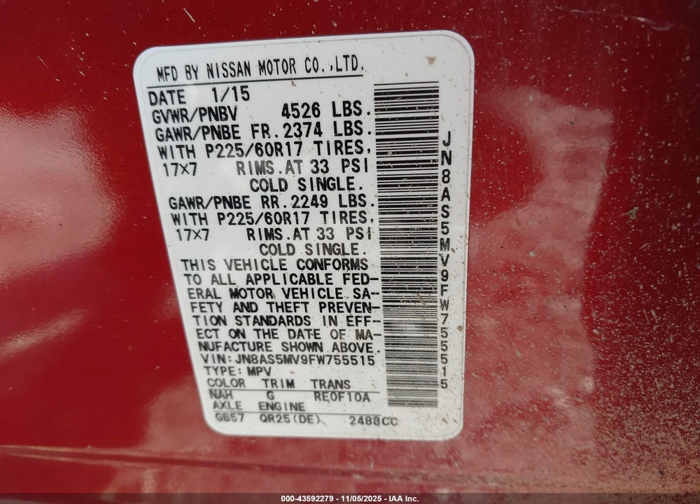 2015 NISSAN ROGUE SELECT S VIN: JN8AS5MV9FW755515