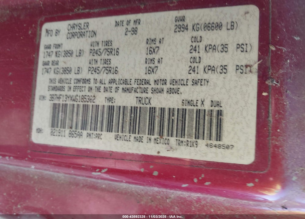 1998 DODGE RAM 1500 ST VIN: 3B7HF13YXWG185302