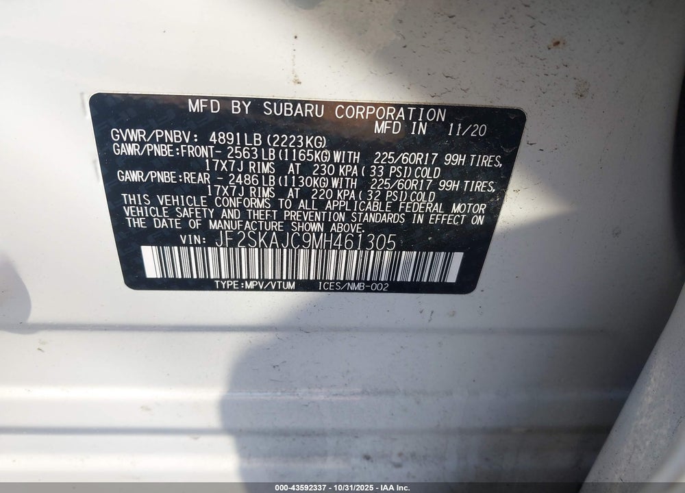 2021 SUBARU FORESTER PREMIUM VIN: JF2SKAJC9MH461305