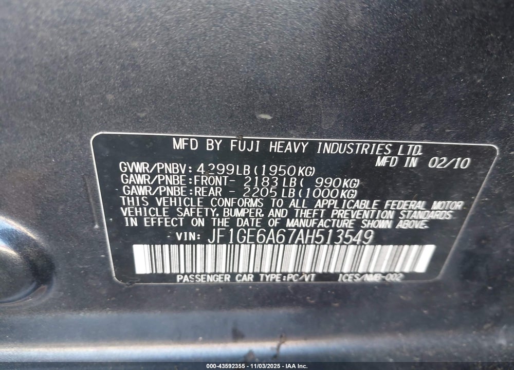 2010 SUBARU IMPREZA VIN: JF1GE6A67AH513549