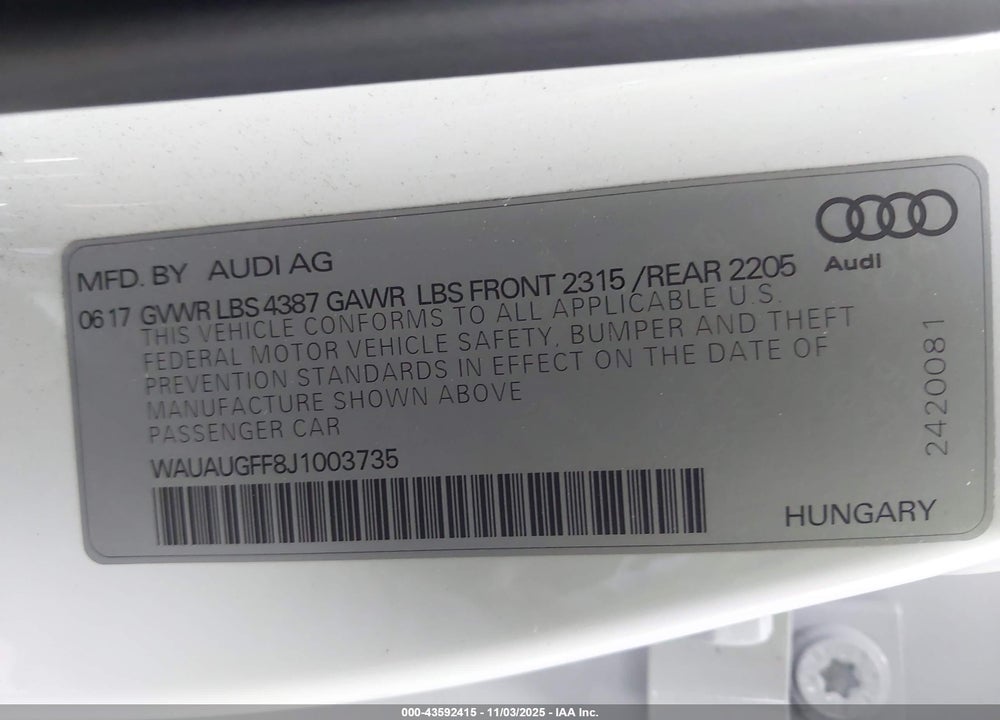 2018 AUDI A3 2.0T PREMIUM/2.0T TECH PREMIUM VIN: WAUAUGFF8J1003735