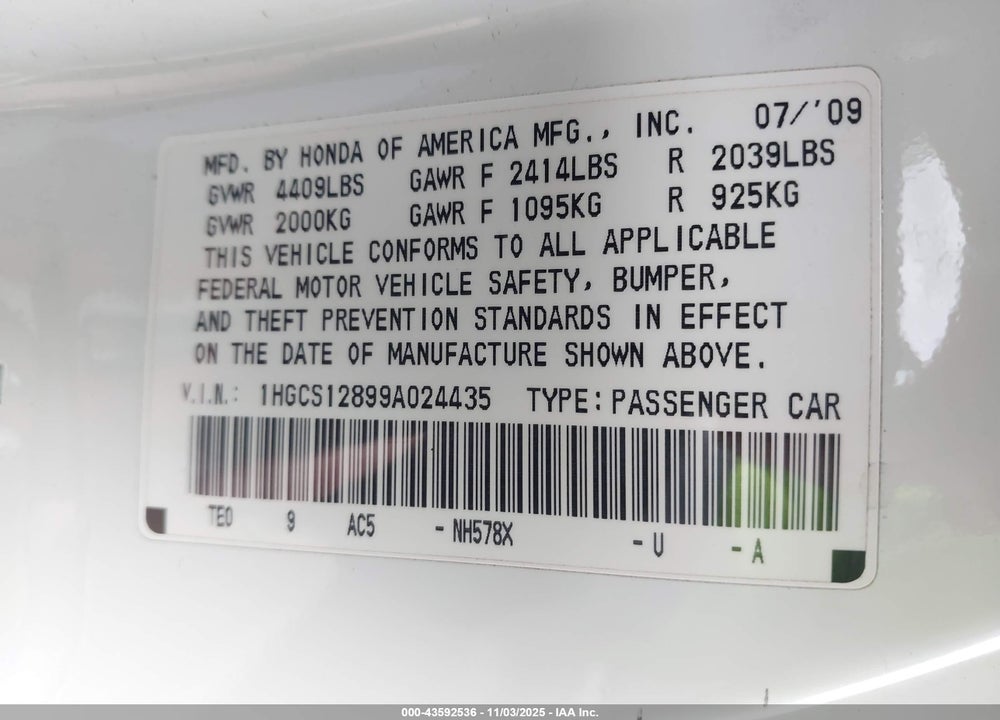 2009 HONDA ACCORD 2.4 EX-L VIN: 1HGCS12899A024435