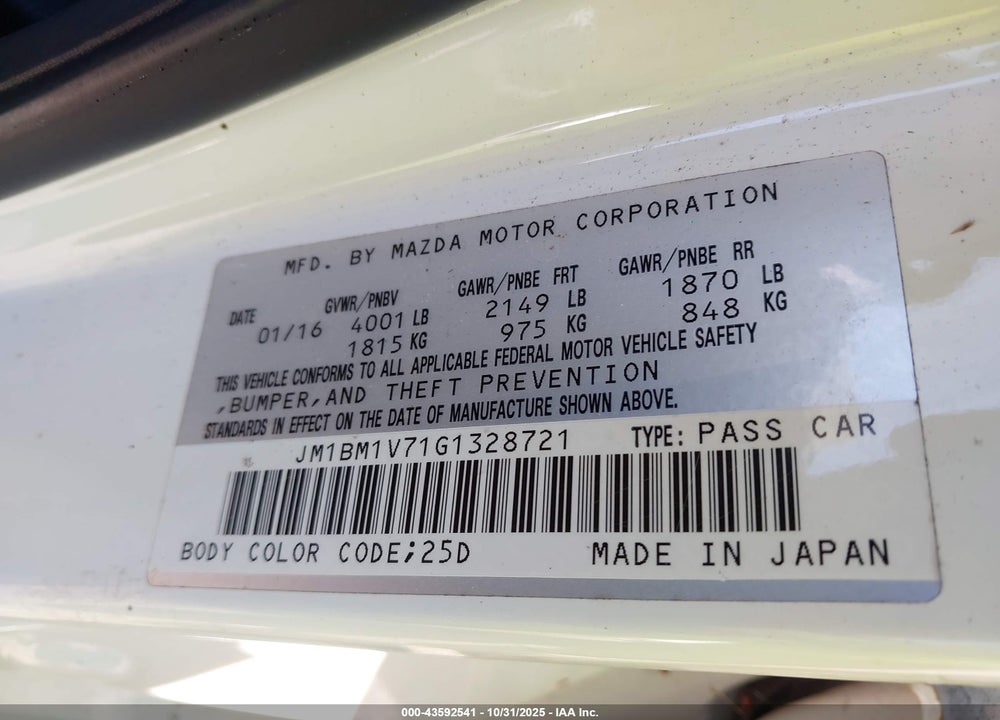 2016 MAZDA 3 VIN: JM1BM1V71G1328721